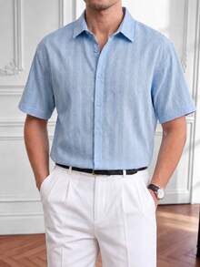 Core Aspect Men's Light Blue Geometric Jacquard Short Sleeve Shirt, Suitable For Office & Commute, Spring/Summer, Formal - Baby Blue - View 5