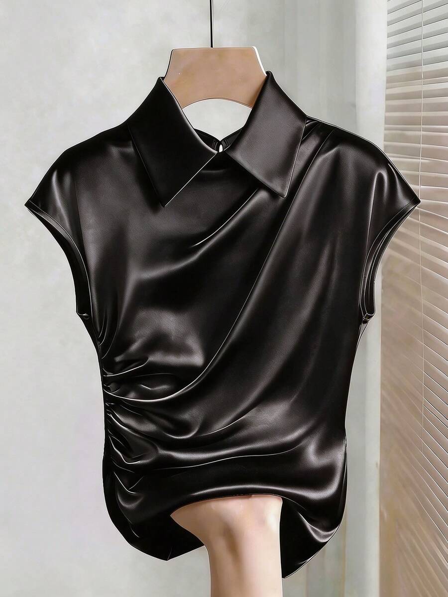 SHEIN Franclia 女款襯衫領收腰蝙蝠袖上衣 - 黑色 - 查看 1