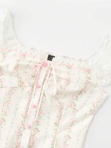 SHEIN PETITE 復古甜美花卉圖案蕾絲飾邊修身女式襯衫 - 白色 - 查看 8