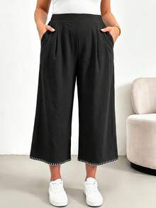 SHEIN Essnce 大尺碼女款拼色休閒日常長褲 - 黑色 - 查看 4