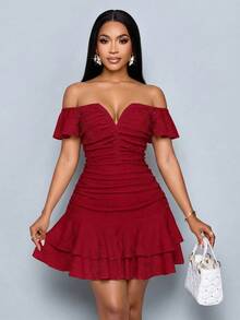 SOLERSUN Women's Fashionable Elegant V-Neck Off Shoulder Ruffle Sleeve Textured Mini Dress – Ruffle Sleeve Ruched Bodycon Double Ruffle Hem Party Dress For Club & Date Night,Women Ruffle Sleeve Ruched Bodycon Double Ruffle Hem Party Club Dress - Burgundy - View 7