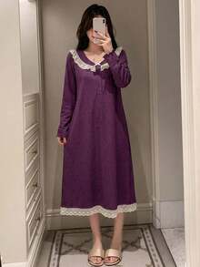 DAZY Sweet Floral Lace Trim Long Sleeve Long Dress Women's Nightgown Pajamas - Purple - View 6