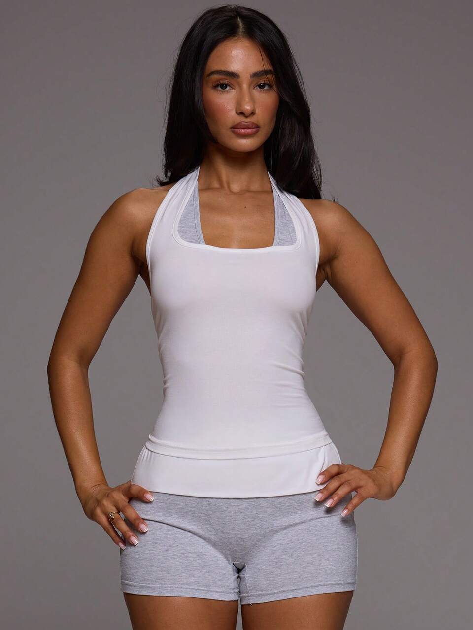 Double Layered Foldover Waist Fitted Mini Shorts Lounge Baggy Athleisure Daily Workout Gym Everyday Essentials Grey Summer