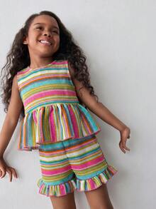 Maija Kids Maija Kids Young Girl Patchwork Striped Tank Top And Shorts 2pcs Set - Multicolor - View 2
