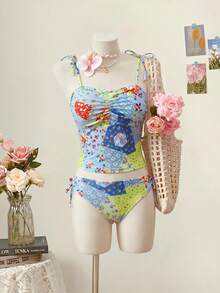 SHEIN MOD 女款度假海灘碎花泳衣套裝 - 彩色 - 查看 1