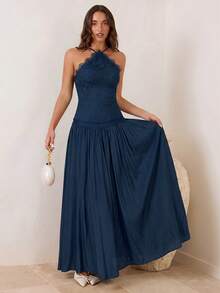 Enchnt Women's Lace Patchwork Ruffle Casual Party Long Dress - Navy Blue - View 5