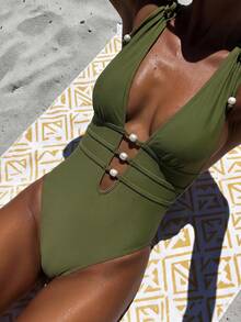 Zivah Women's Beach Vacation Casual Tropical Olive Green Deep V-Neck One-Piece Swimsuit, Hollow Out Chest Detail With Bead Embellishment Summer - Army Green - View 6