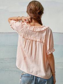 SoleilVie Women's Sweet Fashion Lace Patchwork Single-Breasted Vacation Shirt - Baby Pink - View 2