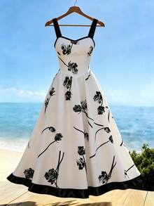 Elenzga Retro New Chinese Style National Wind Spaghetti Strap Backless Floral Mini Dress, Slim Fit Beach Vacation - Apricot - View 7