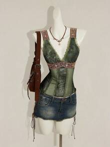SHEIN ICON Women's Sexy Retro Y2K Leopard Print Lace Patchwork V-Neck Brown Fitted Camisole,Summer Top - Army Green - View 5
