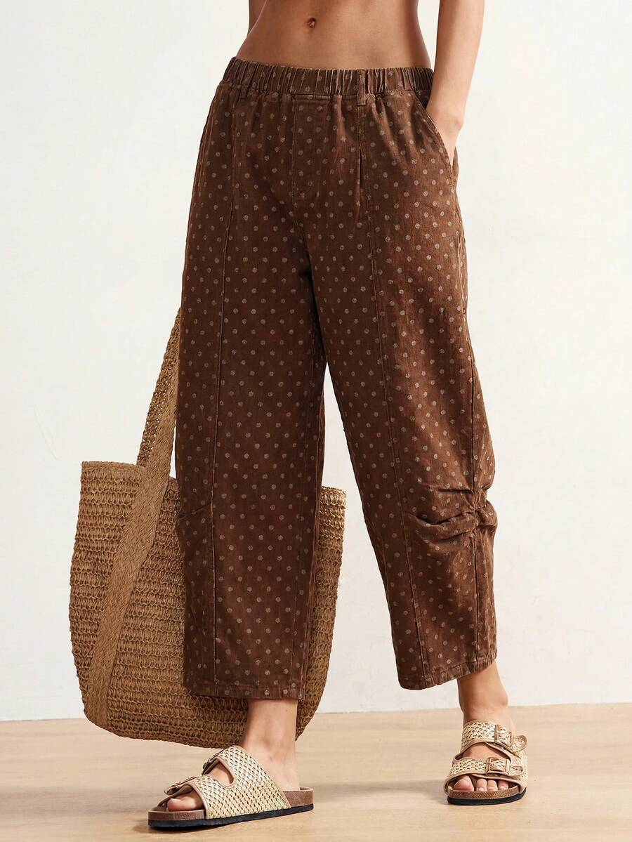 Bohemela Damen Große Größen Polka-Dot-Muster Tasche locker lässig Denim Jeans Sommer Outfits braune Hose Polka-Dot Landhose Urlaub Festival - Braun - Übersicht 1