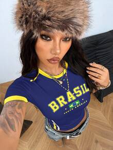 Coolane Women's Summer Streetwear Style Cool Basketball Jersey Design Letter Print White Top For Brazil Tops For Women Short Sleeve Top - Royal Blue - View 6