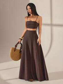 SHEIN PETITE 女款2件套夏季新品，音樂節、復活節、聖帕特里克節、西部風、遊牧風、生日派對、畢業季、學生穿搭、日常街頭風、百搭百搭、休閒、度假、郵輪旅行、海灘、海邊、曬日光浴、熱辣、百褶、細肩帶背心、繩結、竹節結、亞麻、卡其色、小個女款 - 棕色 - 查看 4