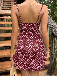 Sunnyshic Amerikanischer Hot Girl Stil V-Ausschnitt Flügelförmige Ärmel Blumenmuster Stoff Sexy Elegant Schlankmachend A-Linie Design Sommer Strand Urlaub Lässig Party Stil Damen Kurz Kleid - Bordeaux - Übersicht 2