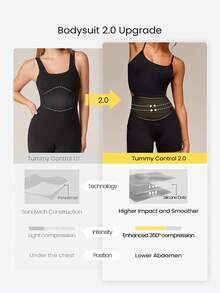 GLOWMODE 4.3" FeatherFit™ GlowTwist Tummy Control Bodysuit With Adjustable Straps Side Pockets Anti-Slip Grips Removable Cups Yoga Studio Pilates Daily Wear - Black - View 4