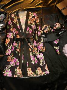 Seduluxe 3pcs/Set Blus Jala Seksi Bermotif Ukuran Standar Wanita + Celana Dalam + Jubah - MultiWarna - View 6