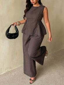 Auralis Plus Size Women's Round Neck Chocolate Brown Top And Long Pants Casual Elegant Daily 2 Pieces Set Office Formal Outfits For Work Summer Teachers' Day - Coffee Brown - View 1