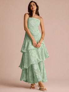 Enchnt Women's Elegant Jacquard Layered Ruffle Hem Cami Dress Party Sage Green Summer - Mint Green - View 5