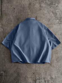 AXEPEAK Men's Contrast Color Patchwork Fashion Short Sleeve Shirt With Collar - Blue - View 2