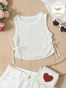 SHEIN Young Girl Knit Solid Color Round Neck Ruched Casual Tank Top - White - View 5