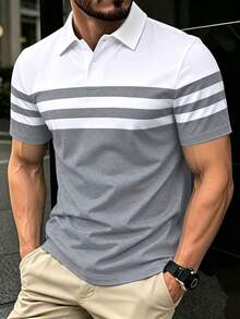 Manfinity Homme 男士夏季休閒拼色拼接 Polo 衫 - 彩色 - 查看 3