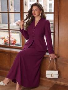 Auvina 2pcs Plus Size Women Elegant Set, Solid Color Shirt With Backstrap, Long Sleeve And Mini Skirt, Casual - Purple - View 1