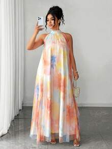 Elenzga Elegantes ärmelloses Maxikleid in Große Größen für Damen mit gewebtem Neckholder, Aquarellbindebatik-Farbverlaufsmuster und luftigem Mesh-Muster - Verschiedenfarbig - Übersicht 4