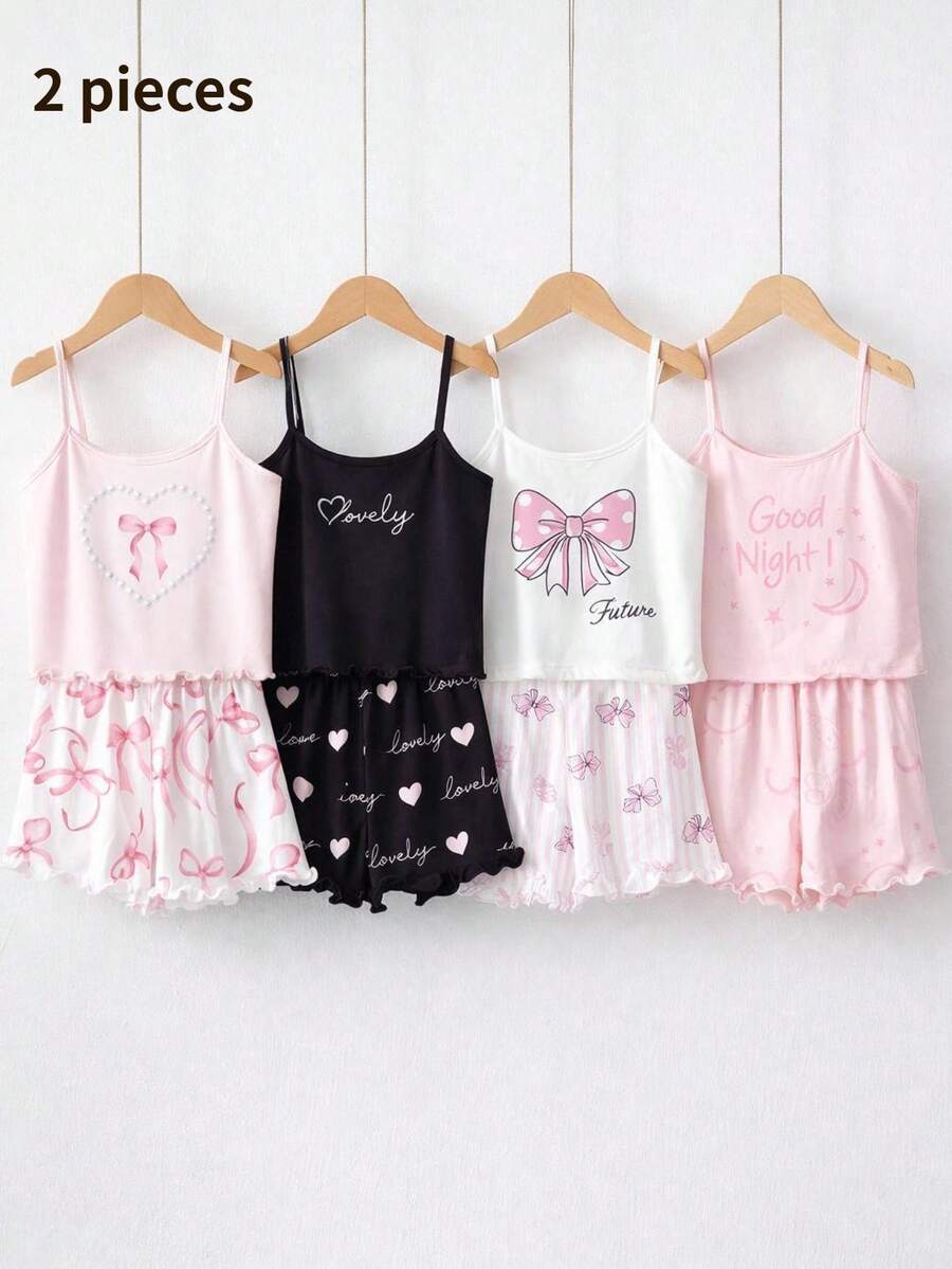SHEIN Girls Happy Pattern Short Sleeve Shorts Camisole Pajama Set, Suitable For Autumn, Winter, All Seasons - White - View 1