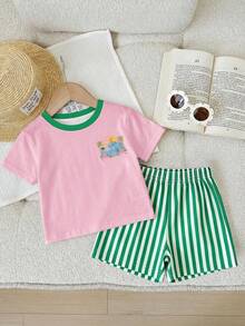SHEIN Baby Girl Casual Simple Round Neck Loose Short Sleeve T-Shirt And Tight Biker Shorts Set, Suitable For Spring And Summer - Multicolor - View 6