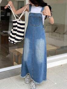 Teen Girls Blue Denim Loose Overalls Dress - Medium Wash - View 4