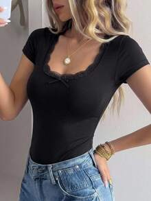 DAZY Women Summer Slim Fit Short Sleeve T-Shirt With Contrast Lace And Bow Decoration Going Out Tops Cute Tops - Black - View 5