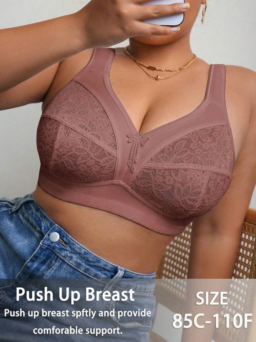 DesireSculpt Plus Size Lace Patchwork Wireless Bralette 1 Piece - Rust Brown - View 1