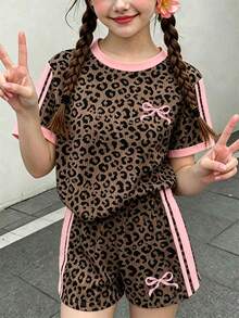 SHEIN 2件/套 女童豹紋印花夏季復古休閒舒適圓領短袖T恤與短褲套裝，適合日常、運動、校園穿著 - 彩色 - 查看 4