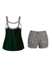 Swim Lushoire Plus Size Vacation Beach Tankini Set - Multicolor - View 3
