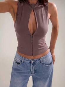 SHEIN BAE 女款素色前扣式修身性感背心上衣 - 摩卡棕 - 查看 6