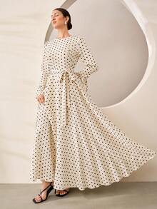 Graceveil Elegant Decent Casual Modest Middle Eastern Polka Dot Round Neck Flare Sleeve Cinched Waist Front Dress Winter Formal Office Morning Formal White - Apricot - View 1