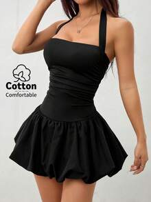 SHEIN PETITE 2026年女款春夏度假系列：新款黑色繫帶露背純色簡約休閒氣球裙，適合居家、外出、海灘、時尚造型、休閒穿著、通勤、度假、浪漫場合及日常穿搭，搭配選擇多樣。適合日常穿著、休閒穿搭、度假、郵輪旅行、海灘、曬日光浴、熱銷款、街頭風、婚禮賓客服裝、波希米亞風、通勤、早午餐及機場穿搭。 - 黑色 - 查看 5