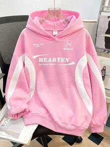 SHEIN 青少年女孩針織拼色字母印花圖案寬鬆休閒運動衫 - 粉色 - 查看 5