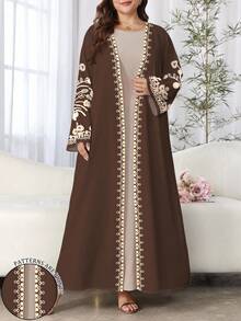 SHEIN Najma Plus Size Women's Floral Print Long Sleeve Casual Arabic Abaya Robe, Suitable For Spring And Autumn - Multicolor - View 1
