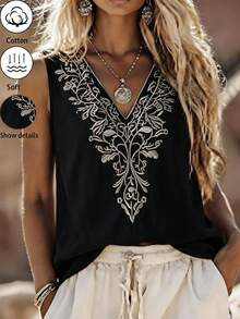 Balvessa Red Sleeveless V-Neck Embroidered Women's Casual Blouse - Black - View 1