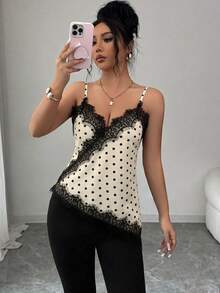Rafferiza 女款優雅圓點棕色蕾絲拼接背心上衣 - 米色 - 查看 6