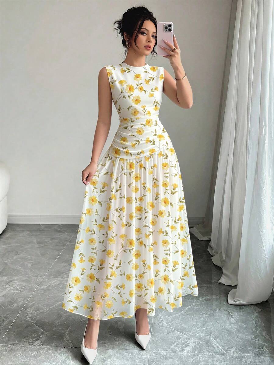 Modelyn 黃色花卉圖案法式風格洋裝,女款時尚低領無袖收腰長洋裝,抓皺腰部顯瘦設計,花卉田園風淺杏色雪紡洋裝,夏季度假風,日常穿搭 - 彩色 - 查看 1