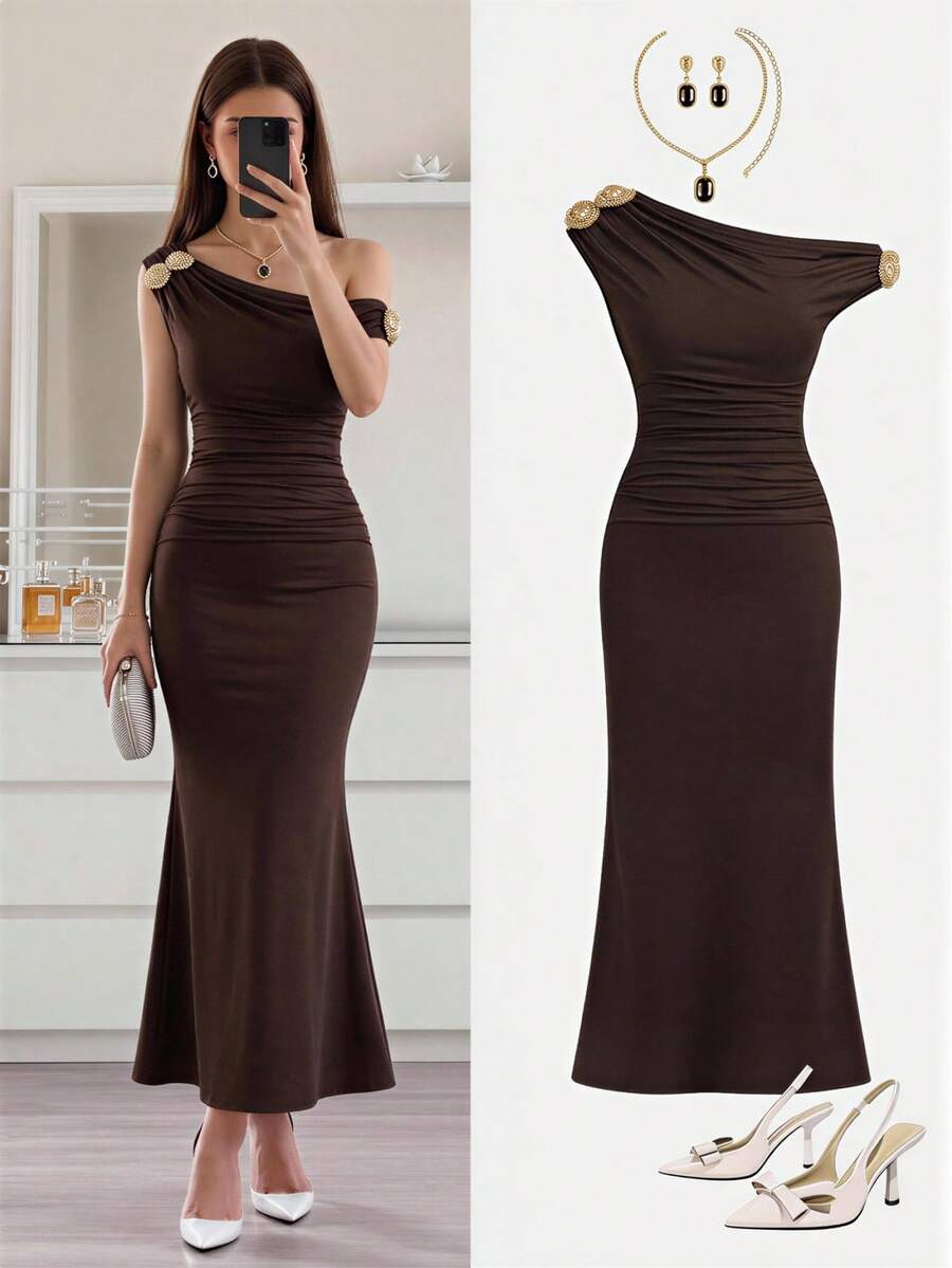 Pitira Váy trẻ em thiếu nữ, váy midi nâu ôm sát không tay cổ bất đối xứng trang trí nút kim loại xếp ly, phong cách thanh lịch thường ngày, phù hợp đi làm, tiệc tùng, hẹn hò, họp mặt gia đình, lễ tốt nghiệp, đi du lịch - Cà phê nâu - Xem 1