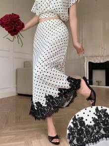 Modelyn Lace Patchwork Polka Dot Print Skirt - Apricot - View 2