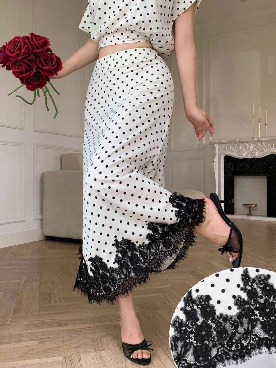Modelyn Lace Patchwork Polka Dot Print Skirt