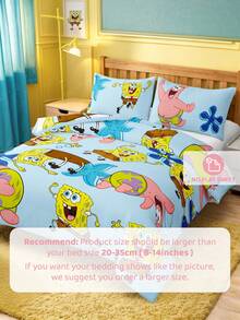 SpongeBob SquarePants | SHEIN 三件套海洋动物卡通印花被套，磨毛材质，柔软保暖，蓝色被套，双面图案，多种尺寸可选，适用于单人床/双人床/特大床，送礼佳品 - 藍白色 - 查看 8