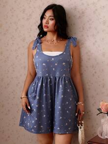 CovetEZ Plus Size Blue And White Ditsy Floral Tie-Front Casual Gothic Renaissance Fairycore Boho Jumpsuit, Spring/Summer Vacation Date Night - Blue - View 5