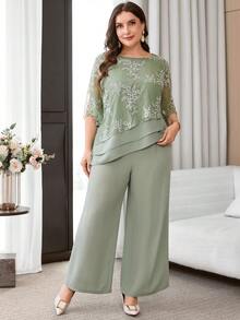Reflora Plus Size Women's Floral Embroidery Pattern Top And Wide Leg Pants Casual Daily 2-Piece Set - Green - View 6