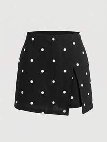 SHEIN 青少年女孩都會休閒波點印花裙褲，時尚百搭適用於各種場合 - 黑與白 - 查看 3