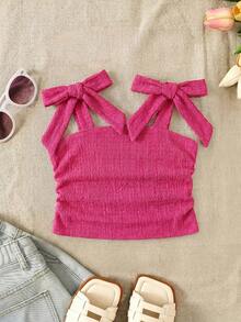 SHEIN [Random 6 Piece, Send 1 Piece]!Surprise Box !!!!Young Girl Solid Color Striped Floral Ruched Casual Tank Top - Hot Pink - View 11